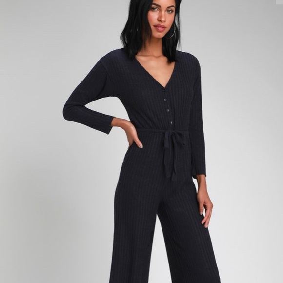 Lulus Pants - Saylor Navy Blue Ribbed Knit Long Sleeve Jumpsuit